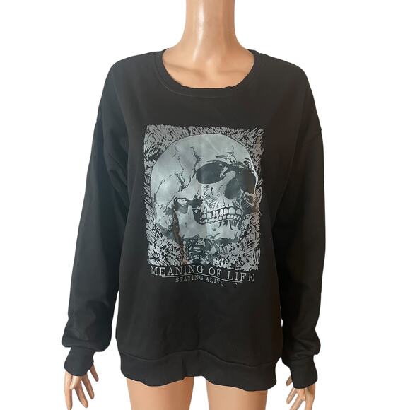 Romwe Sweatshirt Womens L Black Skull Graphic Pullover Long Sleeve Gothic Casual - Picture 3 of 8
